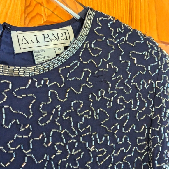 Vintage AJ Bari Dress Sz 12 100%‎ Silk Embellished Navy Blue Wedding - Picture 1 of 16